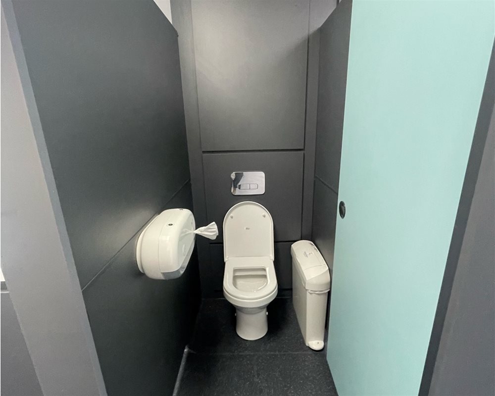 Dark grey duct panels and flashgaps with white ceramic Back to Wall WC with dual push plate flush. Dark Grey standard height modular toilet cubicles with Mint Green doors and Dark Grey fittings.