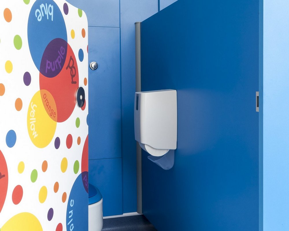 Tiny Stuff school cubicle with 'colour creations' colour doors and WC ducts in 'cobalt blue' colour 